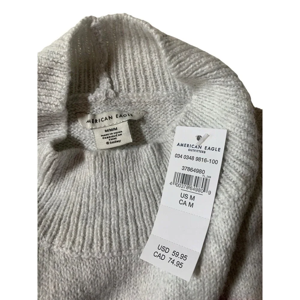 New! American Eagle Smiley  Mockneck Sweater gray Marled Blue Red Logo Women's M